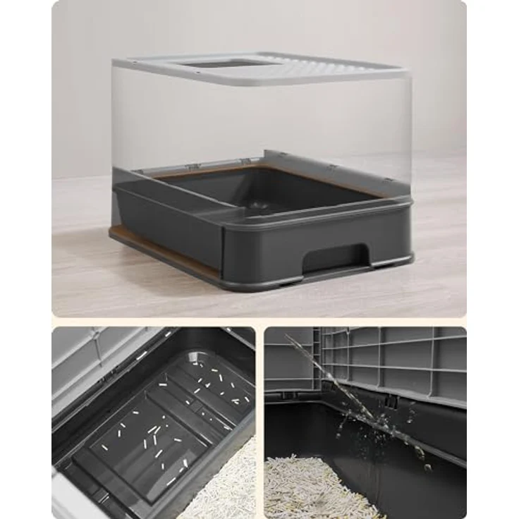 Feandrea Katzenklo, Katzentoilette, mit Deckel, ausziehbares Tablett, Schaufel, Bürste, geräumig für Katzen bis 15 kg, weniger Spuren, auslaufsicherer Boden, anthrazitgrau-Taubengrau PPT001B01 – Bild 3
