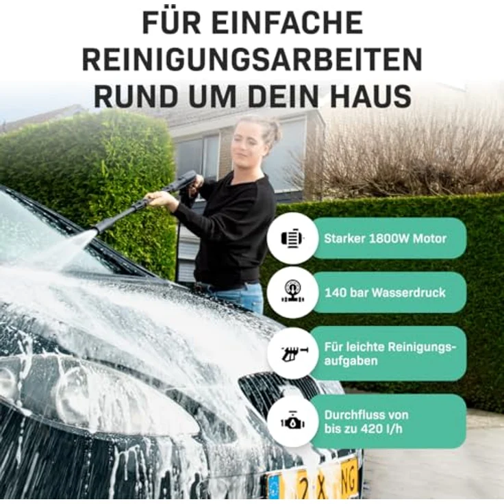 VONROC Hochdruckreiniger V18-2, 140 bar, 1800 W mit Reinigungsmitteltank und 8 m Schlauchlänge – Bild 2