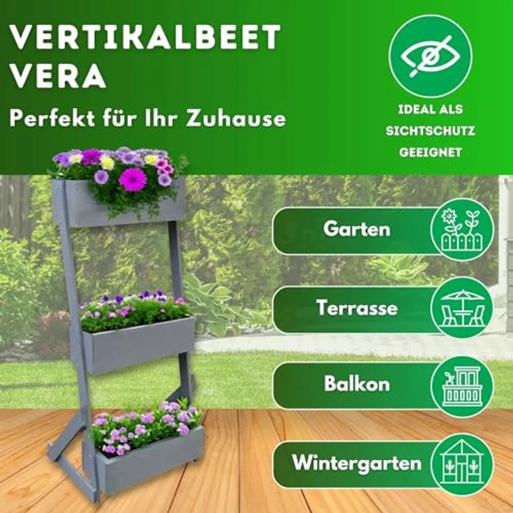 Vertikalbeet Petra Hochbeet Holz 3 Etagen Blumenkasten - Blumentreppe Kräuterbeet Frühbeet Blumenbeet Pflanzkasten inkl. Gartenvlies - Stufenbeet 66 x 49 x 140 cm für Terrasse Balkon & Wintergarten – Bild 2