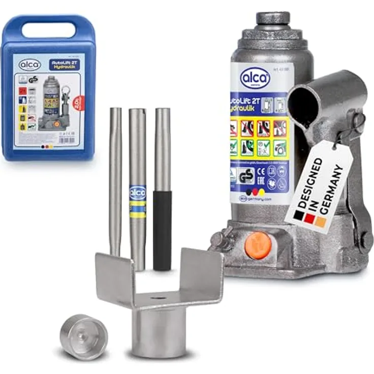 alca® Hydraulischer Wagenheber 2t im Koffer mit U-Adapter, Stempelwagenheber aus Stahl, Hubhöhe 158–308 mm, silber-grau, für PKW SUV Caravan, Unterstellheber für schwierige Hebepunkte