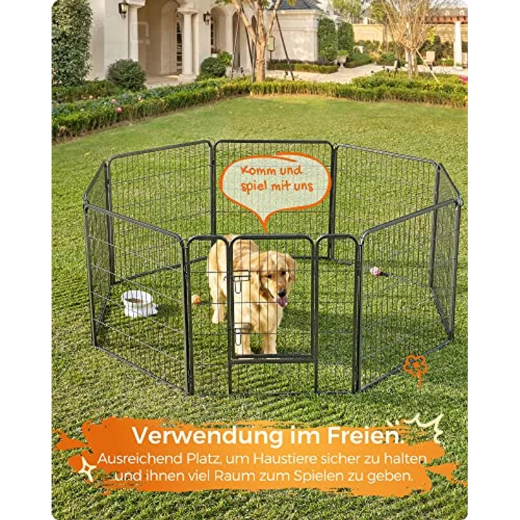 FEANDREA Hundezaun, 8 Platten DIY Hundepark, Doppel-L-Schloss, transportabel, 77 x 80 cm, für Innen, Außen, Terrasse, Hunde, Kaninchen, Hühner, grau – Bild 4