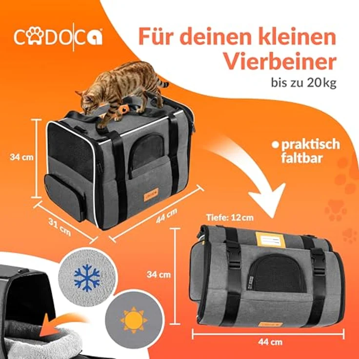 Cadoca Tiertransportbox, Faltbare Transporttasche für Hunde und Katzen, grau, mit wendbarem Liegekissen und Sonnenschutz – Bild 2