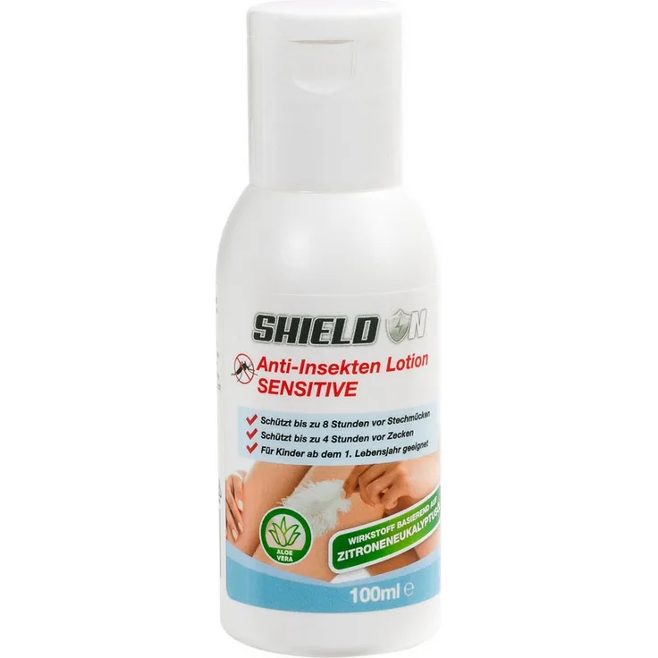Shield On Insektenspray Anti-Insekten-Lotion Sensitive, 100 ml, schützt bis zu 5 Stunden vor Mückenstichen, kühlendes Gel