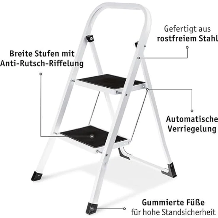 Lefeld 2-Stufen-Leiter klappbar, Tragfähigkeit bis 150 kg, rutschfeste Trittstufen, platzsparendes Design – Bild 2