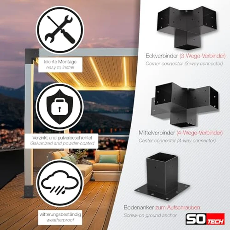 SO-TECH® Pfostenbeschlag Holzverbinder Bodenanker vierkant, Stahl schwarz mit starkem Korrosionsschutz, Anbau SET 6-tlg. 100 x 100 mm – Bild 4