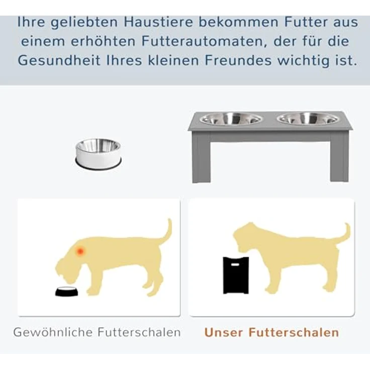PawHut Futternapf Hundenapf mit 2 Näpfe, Pflegeleicht, Edelstahl, MDF, für Wohnzimmer, Balkon, Grau – Bild 3