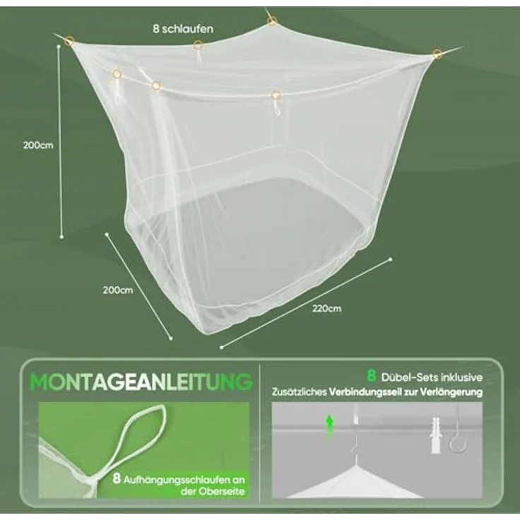 Moskitonetz für Einzelbett-Doppelbett, kastenform 220 X 200 X 200cm | Mesh Insektennetz mit Schnelle und Einfache Installation – Bild 3