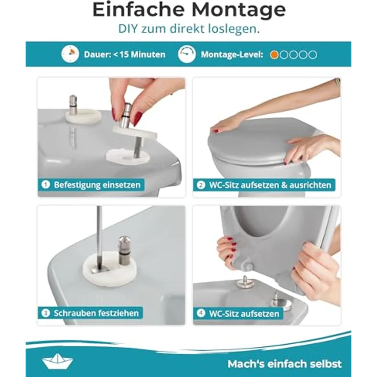 Calmwaters WC Sitz Premium Manhattan-Grau, Absenkautomatik, antibakteriell, abnehmbar, Duroplast, 250 kg Tragkraft, Modell 26LP6140 – Bild 2