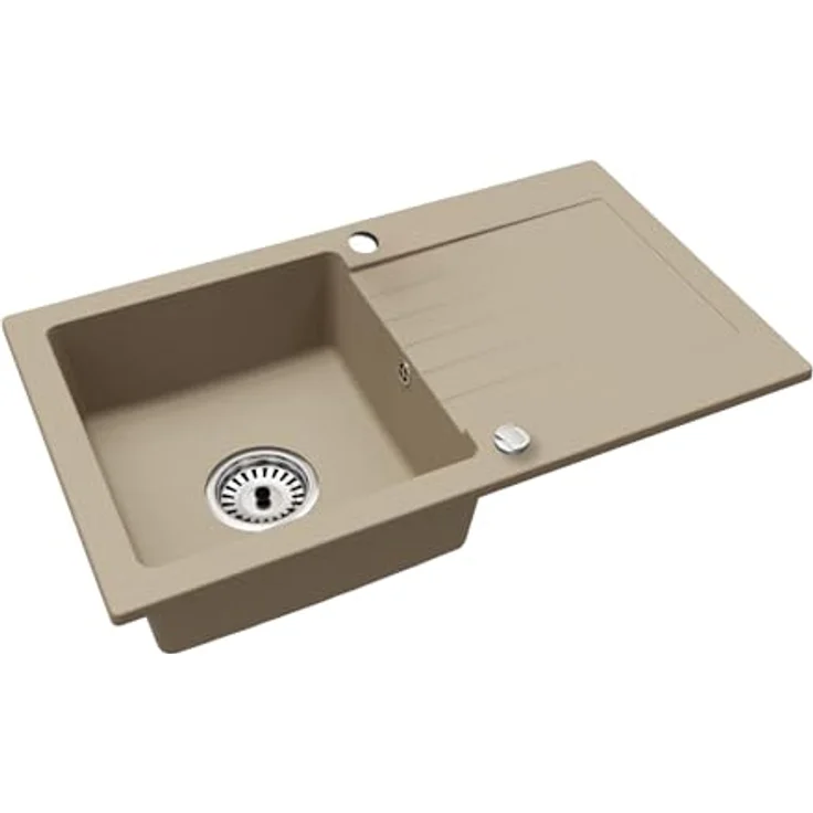 Faizee Möbel Granitspüle 76x44+Spülkorb (Armatur wählbar) - Hochwertiges Spülbecken mit Spiralarmatur, Schwarz – Bild 4