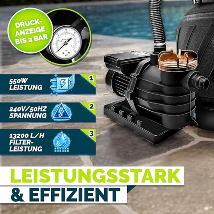 tillvex Sandfilteranlage 13.200L/h mit 1200g Filterbällen, selbstansaugend, 7-Wege Ventil & Adapter Ø32-38mm für Schwimmbecken bis 40.000L – Bild 4