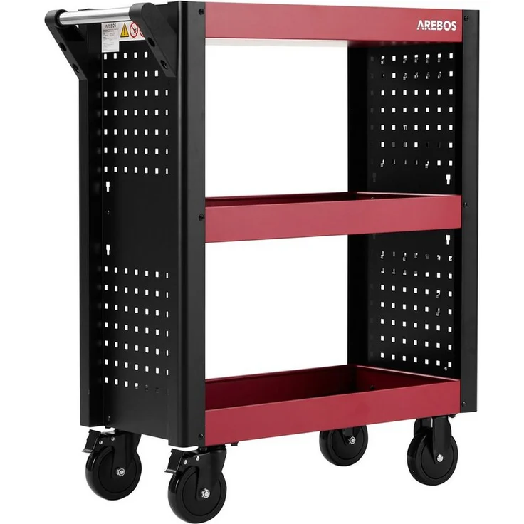 Arebos Werkzeugwagen Servicewagen 3 Fächer, Multifunktionaler Etagenwagen, 3 Etagen, Rot-Schwarz