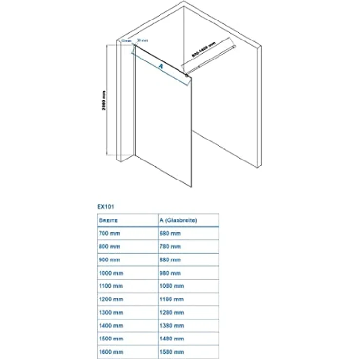 Bernstein Walk-In Duschwand EX101, 140 x 200 cm, 10 mm Nano ESG Milchglas, Chrom-Wandprofil, stabil und flexibel montierbar – Bild 5