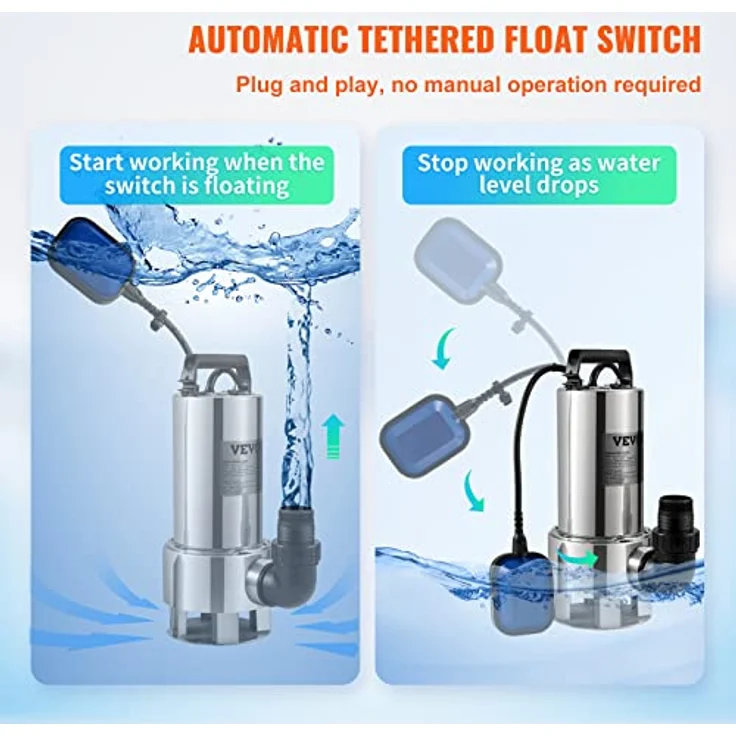 VEVOR Tauchpumpe 1300W Schmutzwasserpumpe 230V Gartenpumpe Durchfluss 20000L/h Schmutzwassertauchpumpe max. Hub 11m IPX8 Ideal zum Pumpen von Wasser aus Schwimmbädern Kellern Teichen – Bild 5