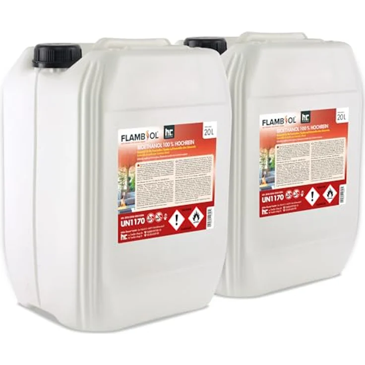 Höfer Chemie 2x 20 L FLAMBIOL® Bioethanol 100% Hochrein, rückstandsfreie und geruchsfreie Verbrennung, bläuliche Flamme – Bild 1