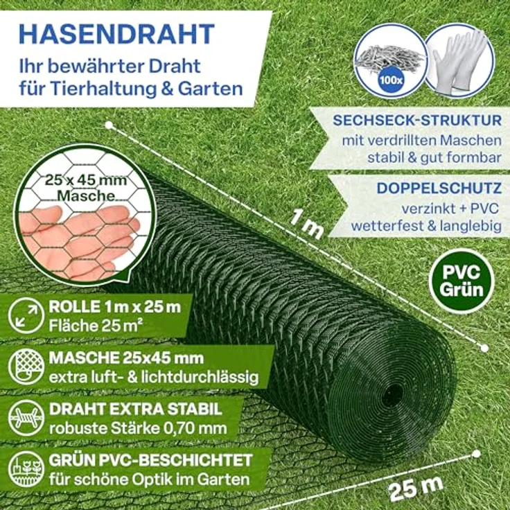 TTL GARDEN Hasendraht 25mx1m, PVC-beschichtet, 25x45mm Masche, grün, inkl. 100 verzinkte Krampen und Arbeitshandschuhe – Bild 2