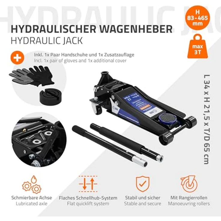 ECD Germany Hydraulischer Wagenheber 3T, extra flach mit Hubhöhe 83-465mm, 2 Gummiauflagen & 360° Rollen, KFZ Rangierwagenheber – Bild 2
