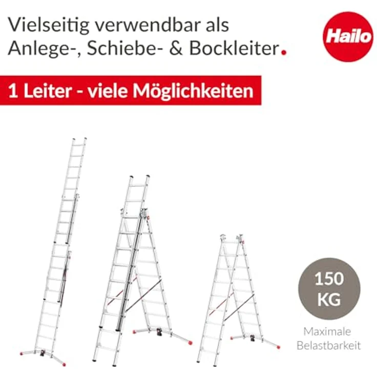 Hailo HobbyLOT 3-teilige Alu-Kombileiter, 3 x 9 Sprossen, belastbar bis 150 kg, mit LOT-System, ausziehbare Anlegeleiter – Bild 2