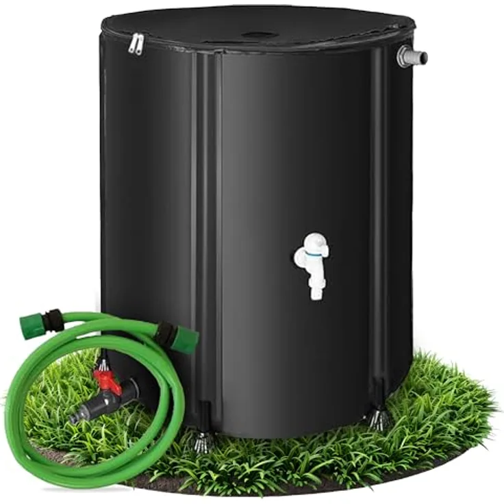 Melko Regentonne faltbar 380L mit Auslaufhahn, PVC Stützstangen & 2 m Wasserschlauch - Mobiles Regenfass, Überlaufschutz, witterungsbeständig - für Gartenbewässerung