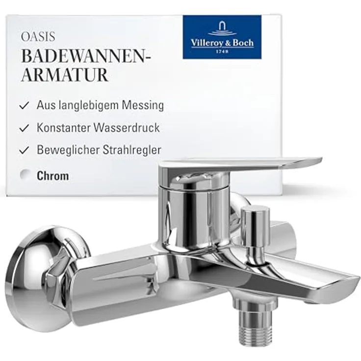 Villeroy & Boch Oasis Wannenarmatur, Aufputz Wasserhahn mit Rückflussschutz, Umstellfunktion und SmartPressure-Technologie