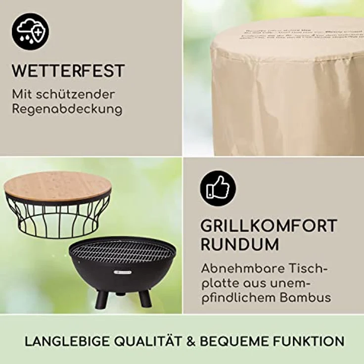 Blumfeldt Feuerschale Garten, 63 cm hohe Wetterfeste Feuerstelle mit Grillrost, Bambusdeckel und Grillring, aus robustem Stahl – Bild 4
