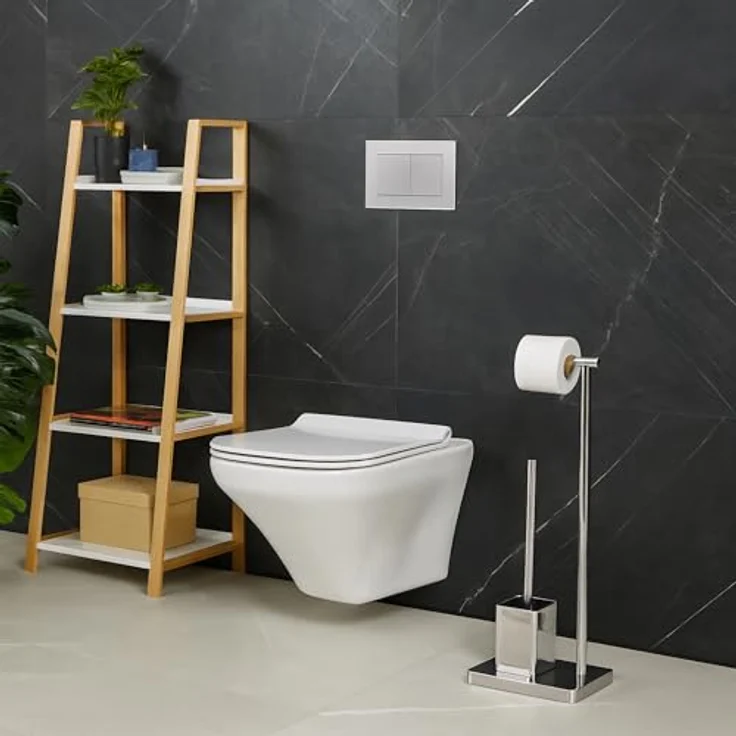 relaxdays WC-Garnitur mit 2 Ersatz Bürstenköpfen, silber, edles Design aus Edelstahl und Bambus, freistehend – Bild 3