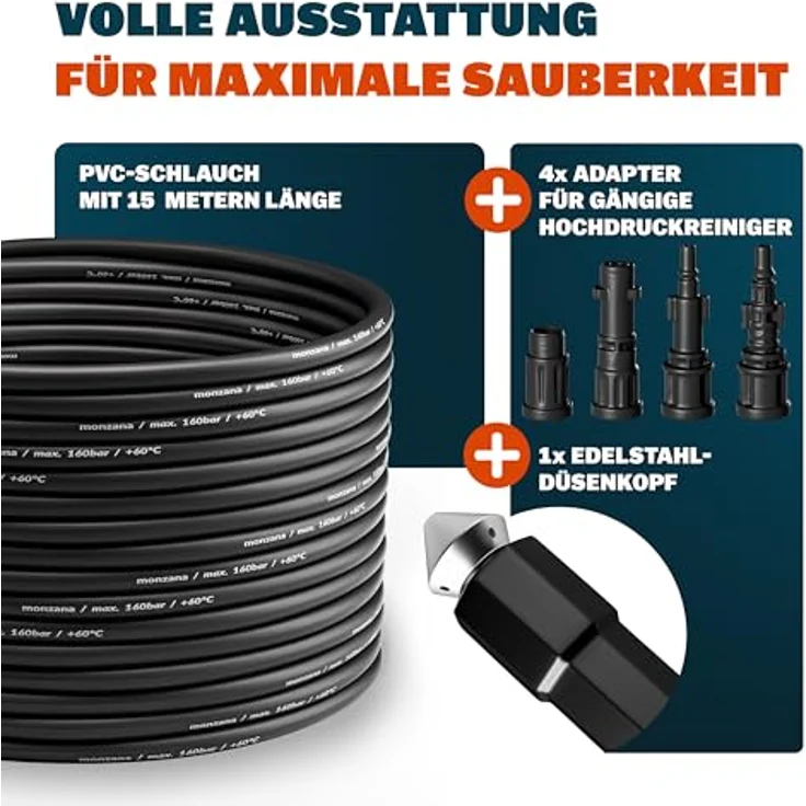 DEUBA Rohrreinigungsschlauch Set - 15m - inkl 4 Adapter für gängige Hochdruckreiniger Rohrreinigungsset Abflussreiniger – Bild 3