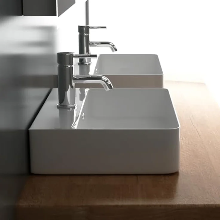 Alpenberger Waschbecken 60 cm Breit - Aufsatzwaschbecken Eckig mit Nano - Weiß, pflegeleicht durch Lotus Effekt, mit Überlauf und Hahnloch – Bild 5