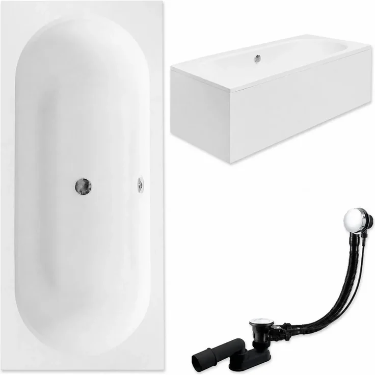 KOLMAN VITAE Badewanne Rechteck 170 x 75 cm, schneeweiß, mit Acrylschürze, inkl. Ablauf und Füße, antibakterielle und kratzfeste Oberfläche