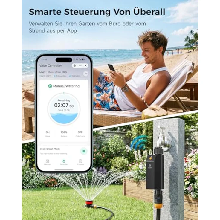 Woox Smart WLAN Bewässerungscomputer, 2,4GHz ohne Hub, IP65 wasserdicht, App-/Sprachsteuerung, Regenverzögerung & manueller Modus – Bild 3