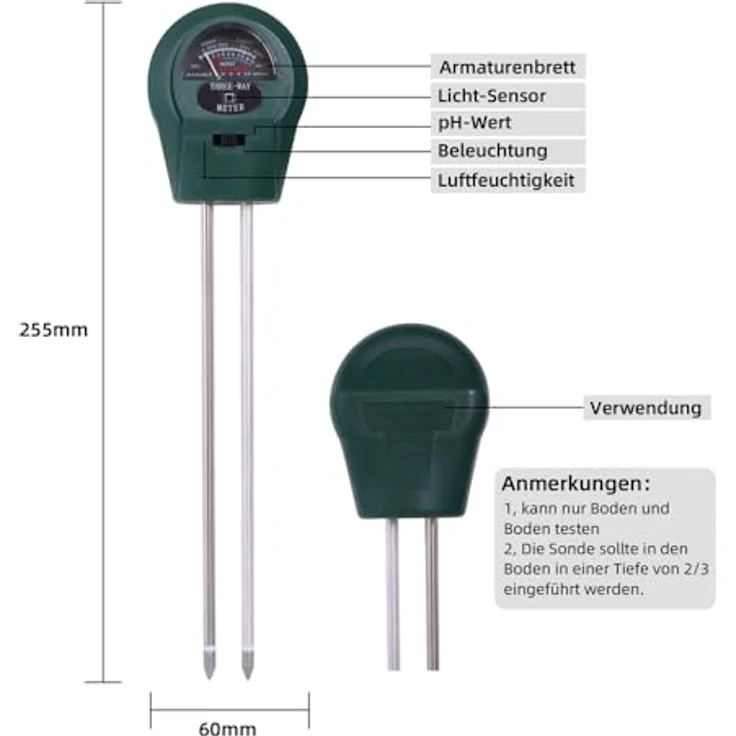 Melko Feuchtigkeitsmesser 3 in 1 Bodenmessgerät für Pflanzen PH Wert Bodentester Licht Messgerät, Batteriefreier Betrieb: – Bild 6