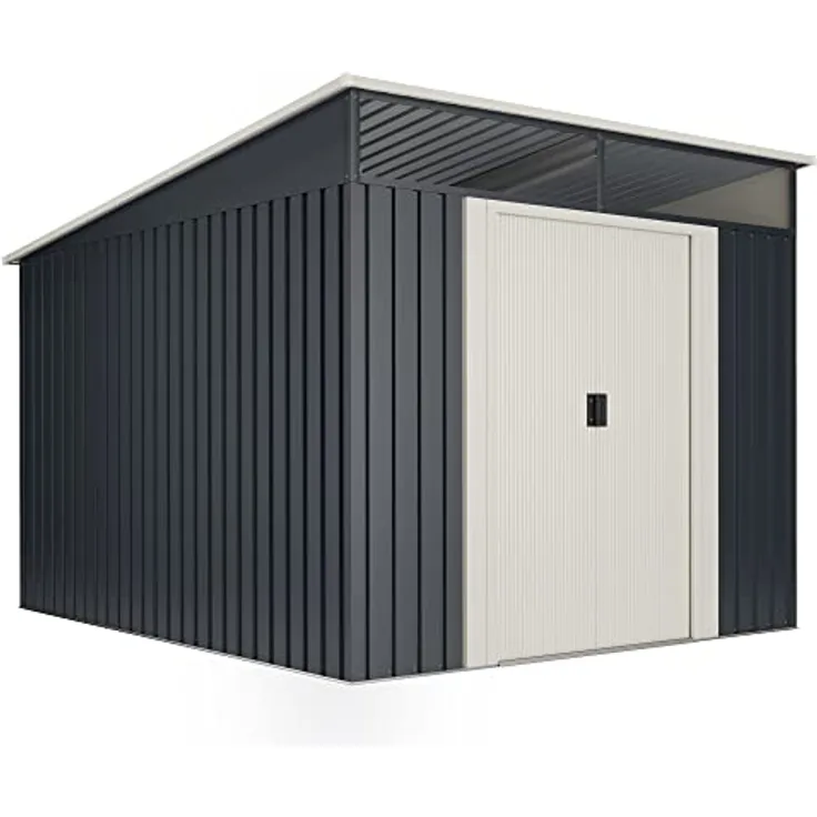Okoru Global S.L.U. Wasabi Metall Gerätehaus 6,6 m² in Anthrazitgrau und Sandbeige, Doppelschiebetür, Flachdach mit Fenster, korrosionsbeständig