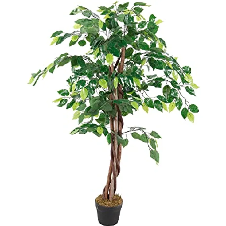 Künstliche Pflanze Ficus Holzstamm Blatt aus Stoff Blumentopf Kunststoff schwarz Dekobaum (115cm 462 Blätter)