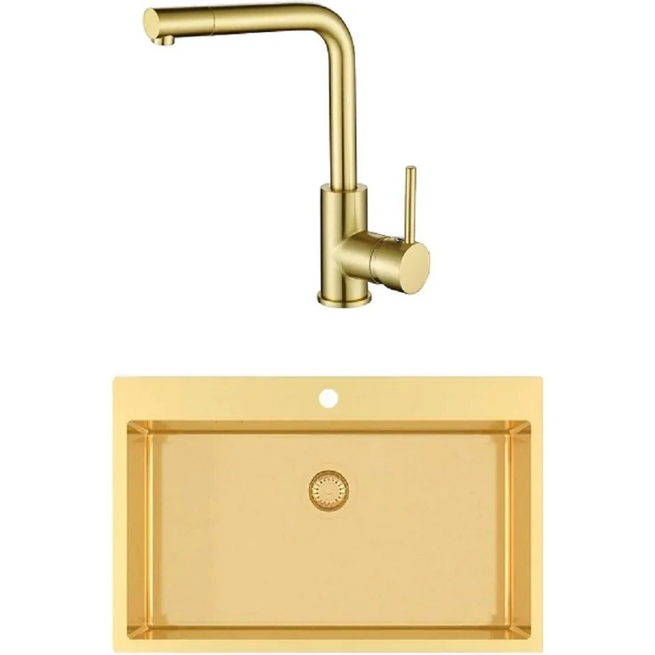 GURARI Edelstahlspüle TERRA100 M +FORTE 5553 G, Gold Design mit Messingarmatur, 790 x 505 mm, langlebig und pflegeleicht
