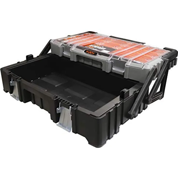 BOXER® Werkzeugkasten leer 22", Kunststoff mit 15 Fächern im Deckel, stabile Metallschließen, schwarz/orange