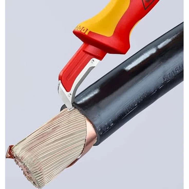 Knipex Abmantelungsmesser mit Gleitschuh isolierender Mehrkomponenten-Griff, VDE-geprüft 180 mm (SB-Karte/Blister) 98 55 SB, Ergonomisch gestaltet mit rutschfester Weichkomponente, transparente Schutzkappe. – Bild 4