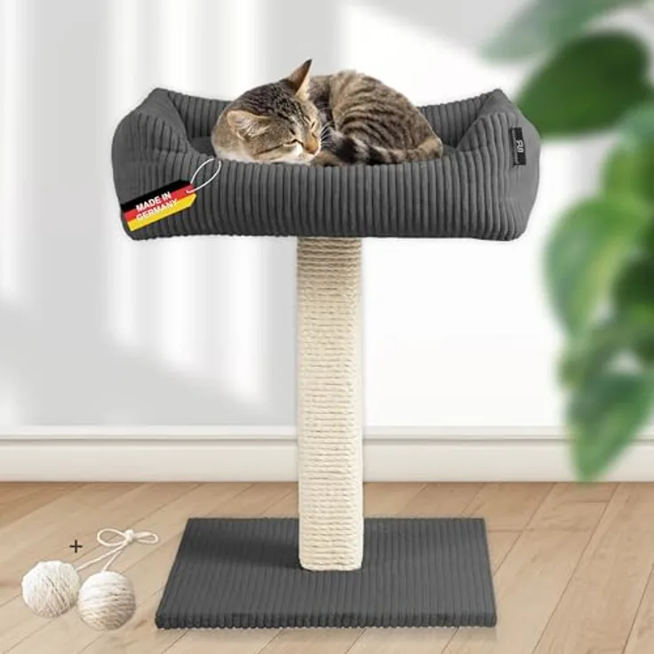 Rohrschneider Katzenbaum Wolly Made in Germany, breiter Kratzstamm mit Katzenbett Cordstoff, versch. Farben