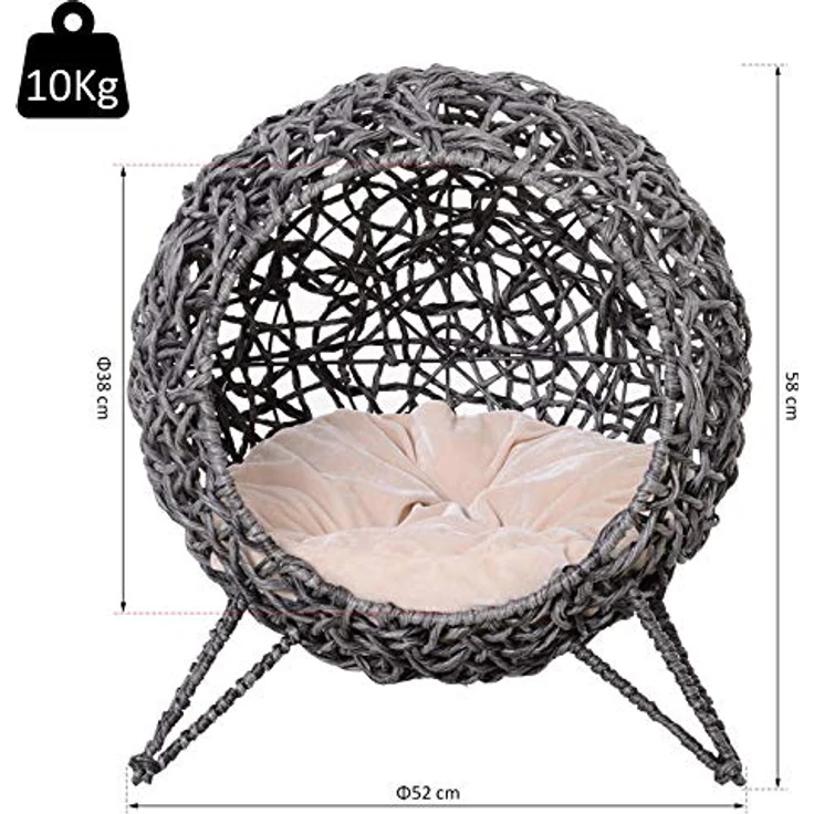 PawHut Katzenhöhle aus PE-Rattan, erhöhte Füße, inkl. Kissen, silbergrau, für Katzen bis 10 kg – Bild 7