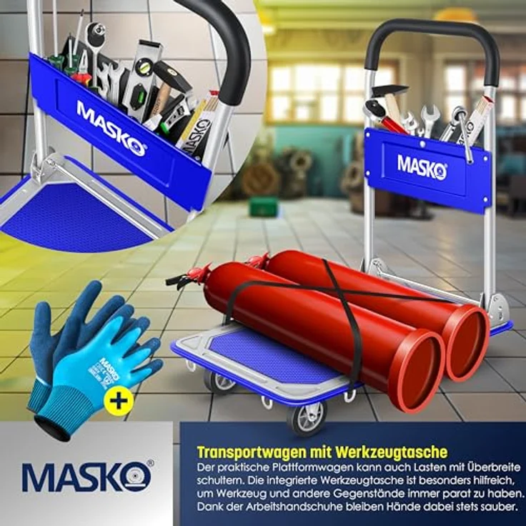 MASKO Transportwagen, Klappbarer Plattformwagen mit robustem Stahlrahmen, 150 kg Tragfähigkeit, Inkl. Arbeitshandschuhe – Bild 4