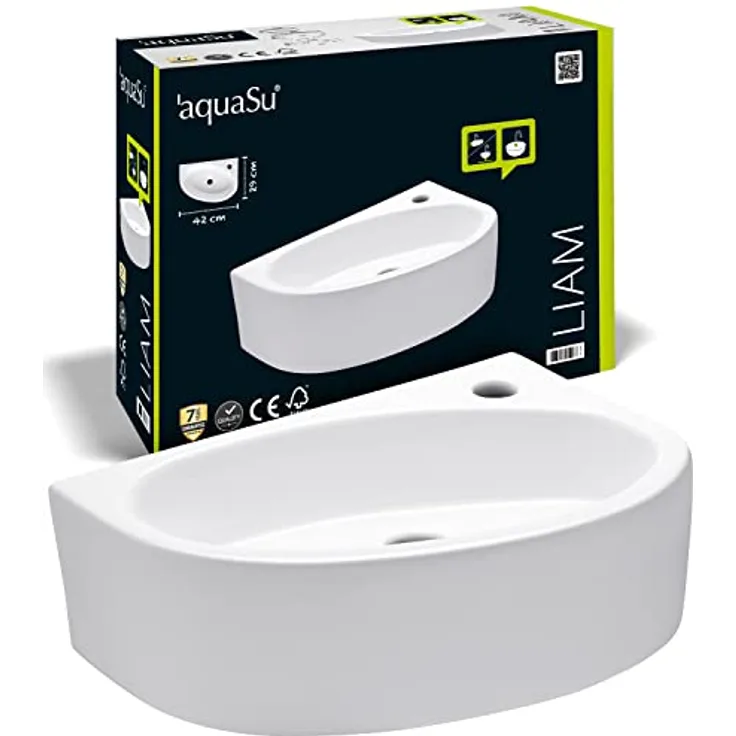 'aquaSu® Handwaschbecken Liam 42 cm | Eck-Waschtisch mit Hahnloch | Kleines Hänge-Waschbecken rund | Wand- oder Aufsatzmontage | 42 x 29 cm | Sanitärkeramik in weiß | 56218 8