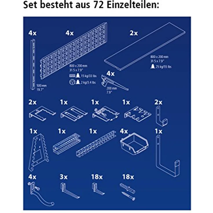 Element System ORGANIZER 3 Werkzeugwand, 72-teilig inklusive Schrauben und Dübel, Lochwand weiß, flexibel einsetzbar und hochbelastbar – Bild 3