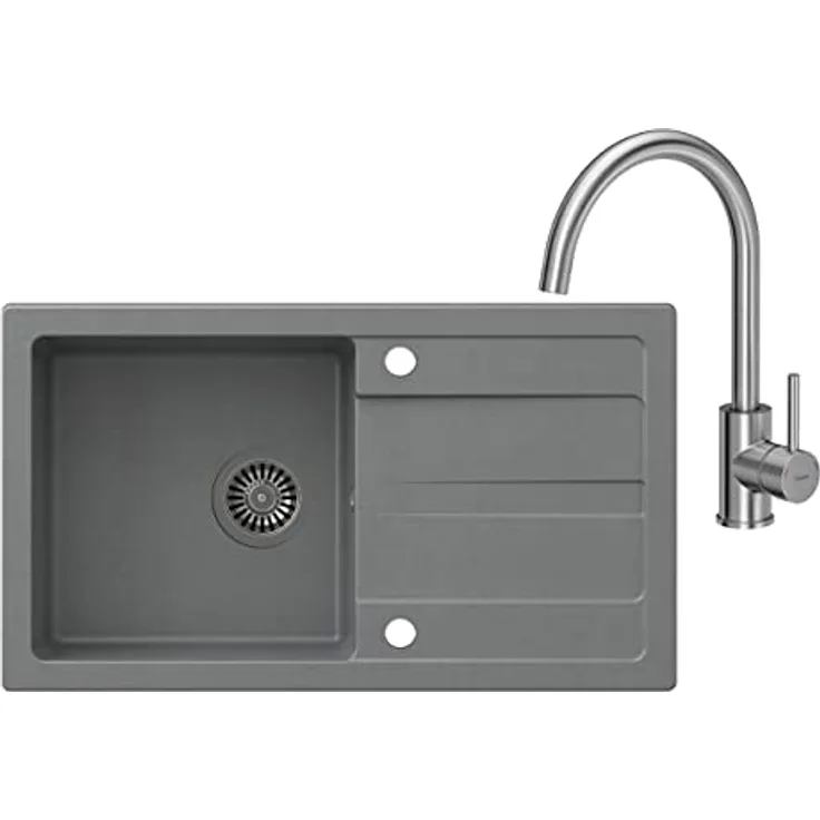 VBChome Grau 77 x 43,5 cm Granit Einzelbecken Einbauspüle Abtroffläche gesprenkelt reversibel Verbundspüle Küchenarmatur + Siphon + Spülmittelspender