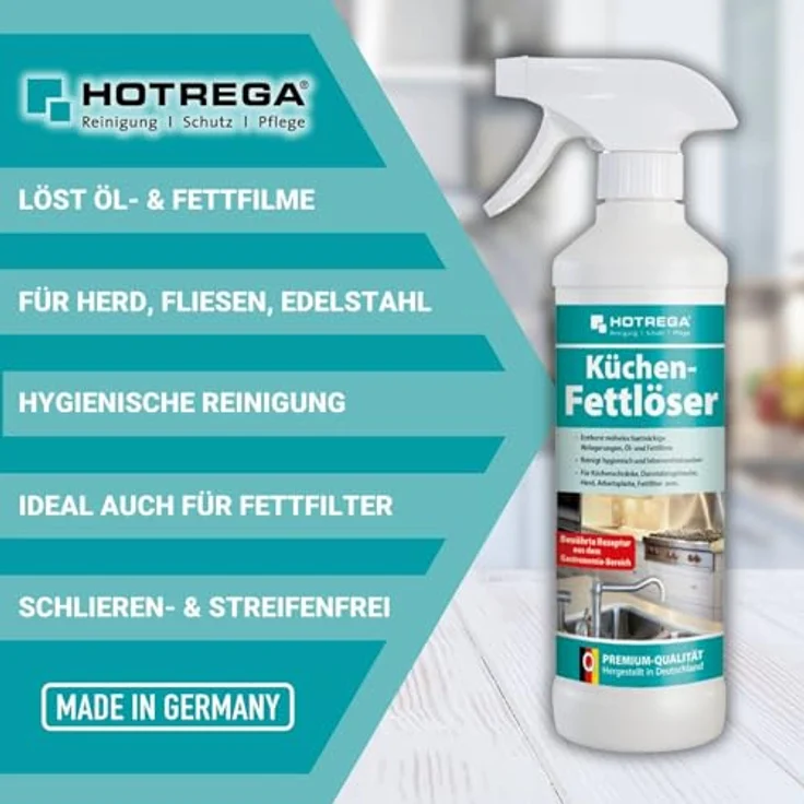 HOTREGA® Küchen Fettlöser 500ml, effektiver Küchenreiniger für streifenfreie Sauberkeit, schnell wirksam gegen Öl- und Fettablagerungen – Bild 2