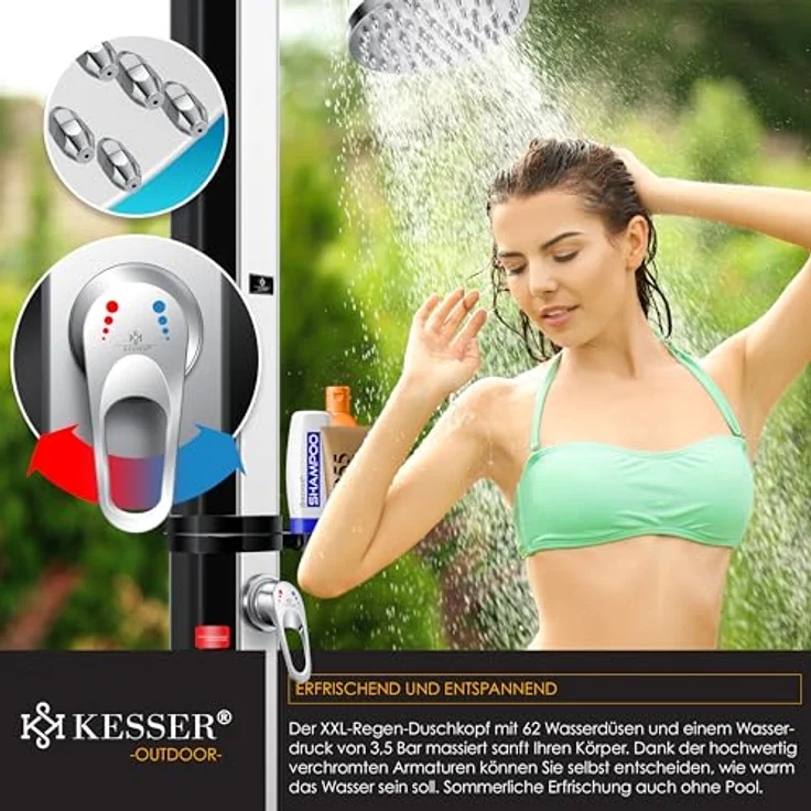 KESSER Solardusche 40- 60 Liter Solar Gartendusche warmes Wasser max. 60°C Inkl. Schutzhaube ohne Stromanschluss Pooldusche CampingRegenduschkopf und Wasserhahn Gartenschlauch-Anschluss Schwarz - Silber, 60 Liter - Preisvergleich – Bild 5