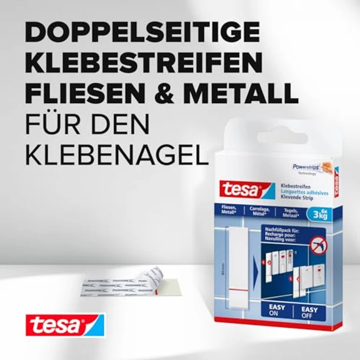 tesa Powerstrips Klebestreifen (für Fliesen und Metall 3 kg, Doppelseitige Streifen für feste, glatte Flächen, bis zu 3 kg Halteleistung pro Streifen) 6 Stück - Preisvergleich – Bild 2