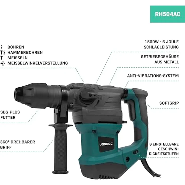 VONROC Bohrhammer Abbruchhammer 1500W, 6 Joule Schlagkraft, SDS Plus Futter, 860/min, inkl. Bohrer und Meisel für Beton, Stahl, Holz – Bild 2