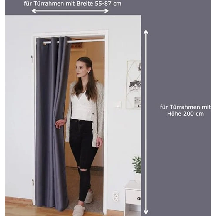 tinycurtains, Türvorhang mit Teleskopstange, einfache Montage in nur 1 Minute ohne Bohren (Türvorhang grau + Stange Silber, Vorhang 200 x 150 cm (HxB); Stange 55-90 cm) – Bild 2