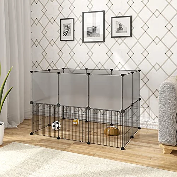 EUGAD Freigehege für Kaninchen, Meerschweinchen Gehege, Welpenauslauf Kleintiergehege inkl. Tür, Freilaufgehege für Hasen, Verformbar und Erhöhbar, Doppelstöckig BHT 107x72x72cm, Grau 35x35cm/Platte – Bild 3
