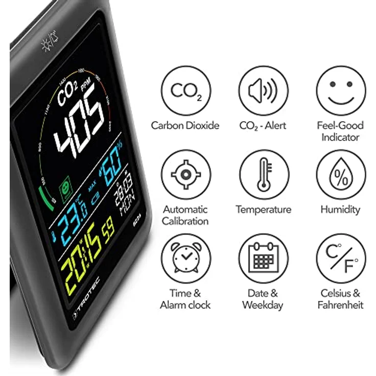 TROTEC CO2-Luftqualitätsmonitor BZ26 Thermometer CO²-Messer Anzeige von CO₂-Werten Raumtemperatur Luftfeuchtigkeit Datum und Uhrzeit Messbereich -9,9°C bis 60°C / 20% bis 95% CO²-Ampel – Bild 4