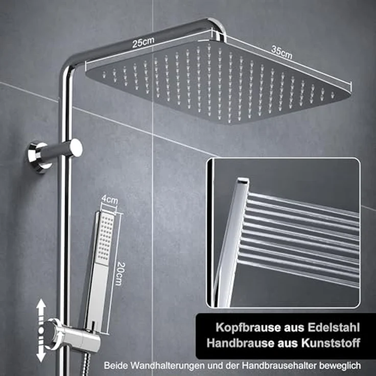 Görbach Edelstahl Duschset Regendusche Duschsystem ohne Armatur, XXL Kopfbrause 35x25 cm, verstellbare Duschstange und Duschablage Chrom – Bild 3