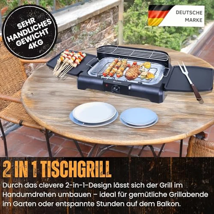 Sommertal BBQ231 Elektrogrill, 2200W 2-in-1 Tisch- und Standgrill mit Windschutz, stufenlosem Temperaturregler und Ablagefläche – Bild 2